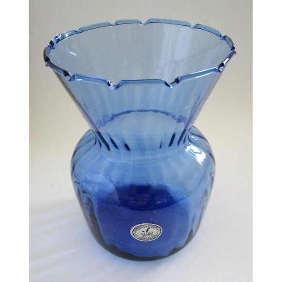 Vitro Mosa Mexican Hand Blown Navy Blue Art Glass Vase - Etched Rim - Vintage - Picture 2 of 11